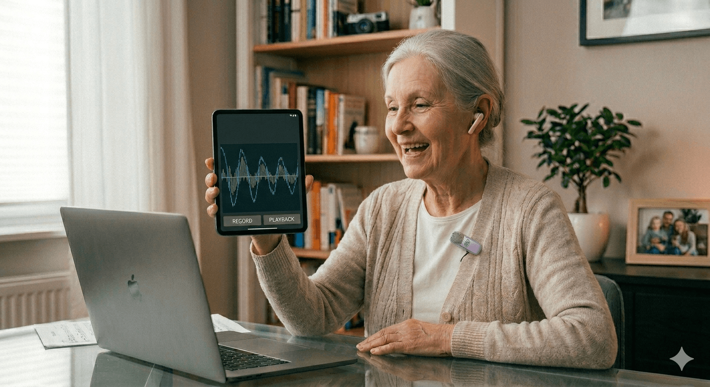 Adult client smiling during a speech therapy session on a tablet at home
