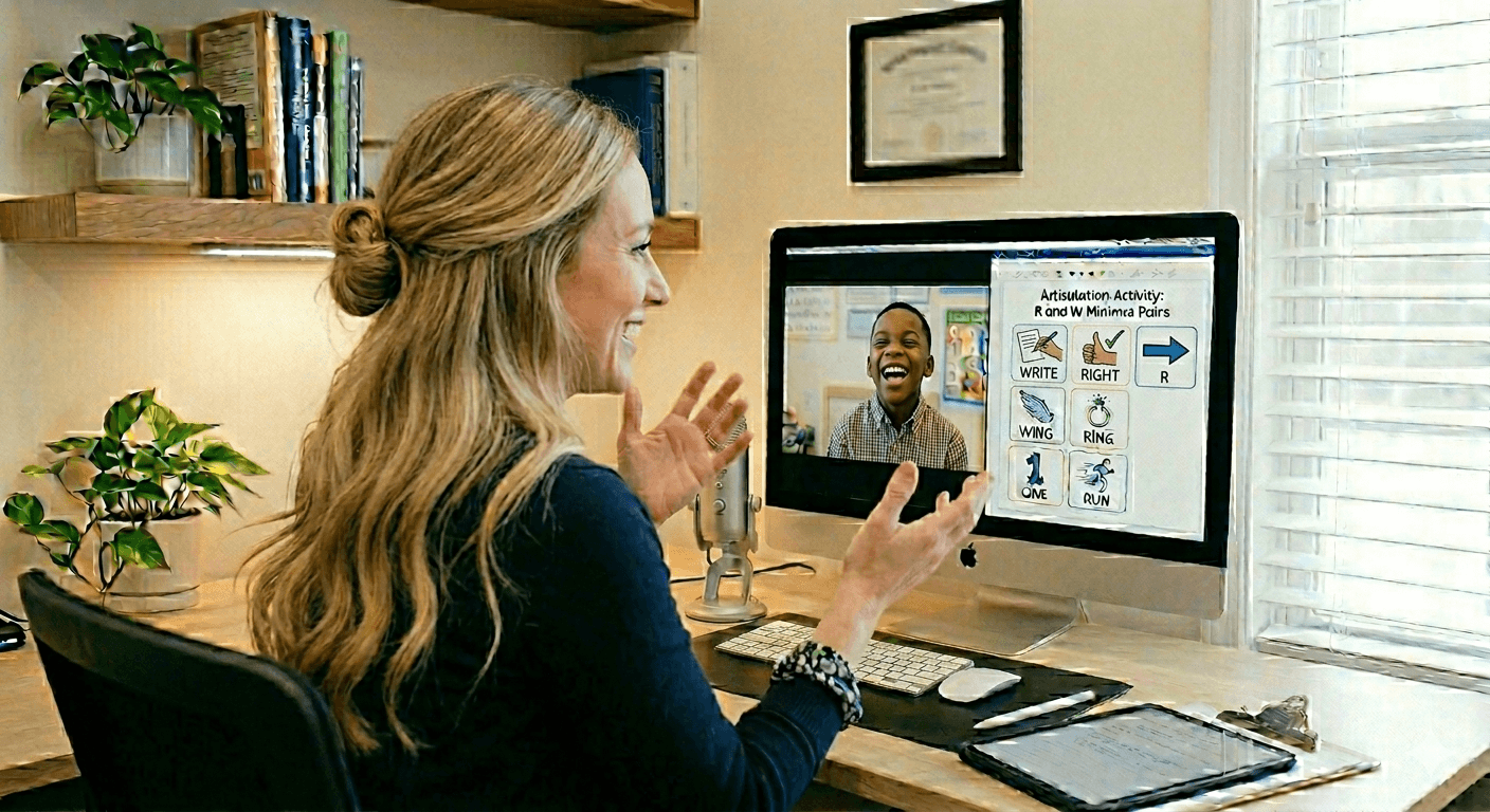 Clinician conducting a speech therapy session with a patient over video